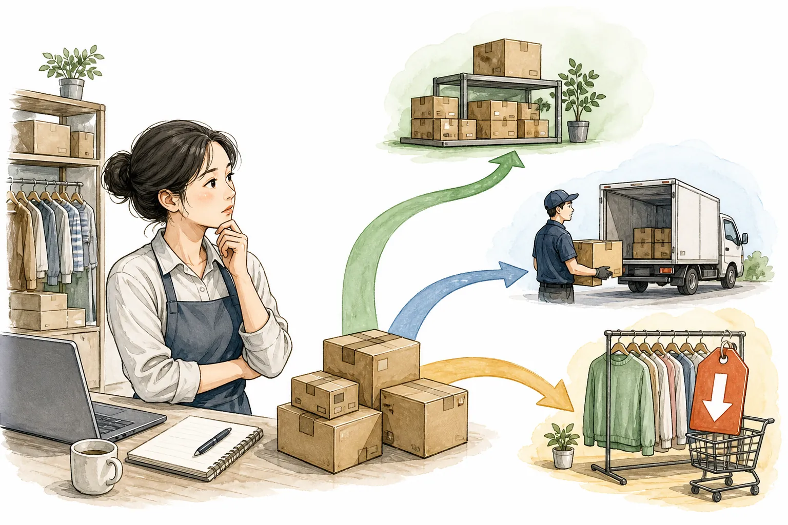 보관 할인판매 반출 중 하나를 선택하는 이커머스 셀러 일러스트