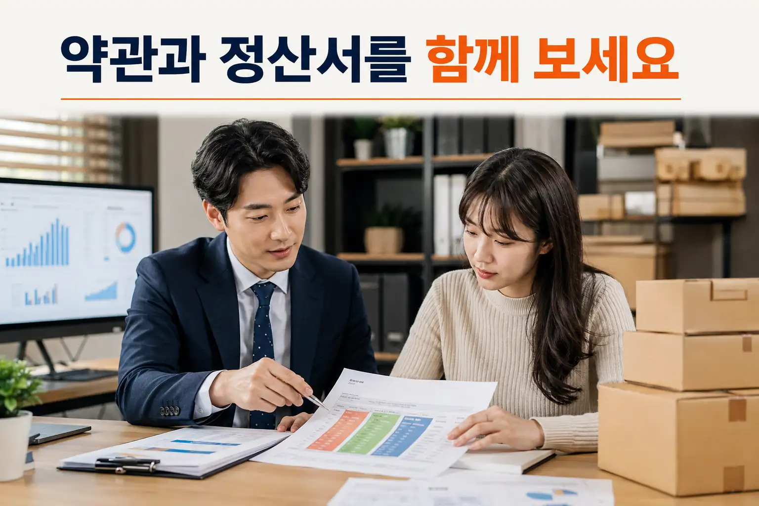약관과 정산서를 함께 검토하는 상담 장면