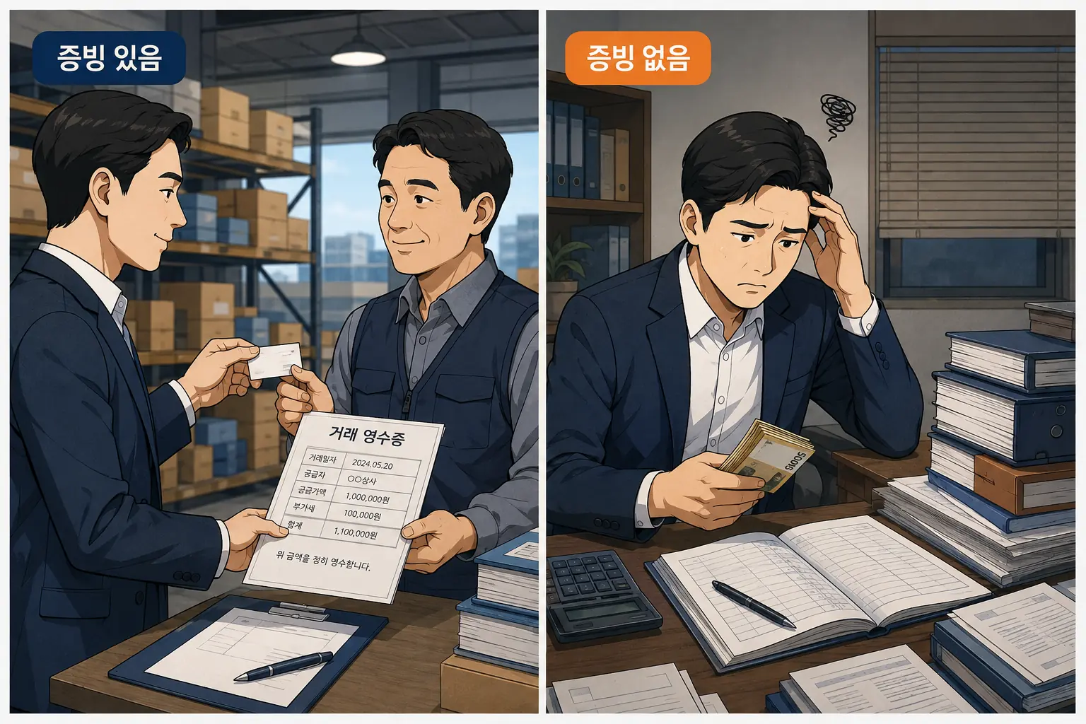 증빙을 받은 거래와 받지 못한 거래 비교