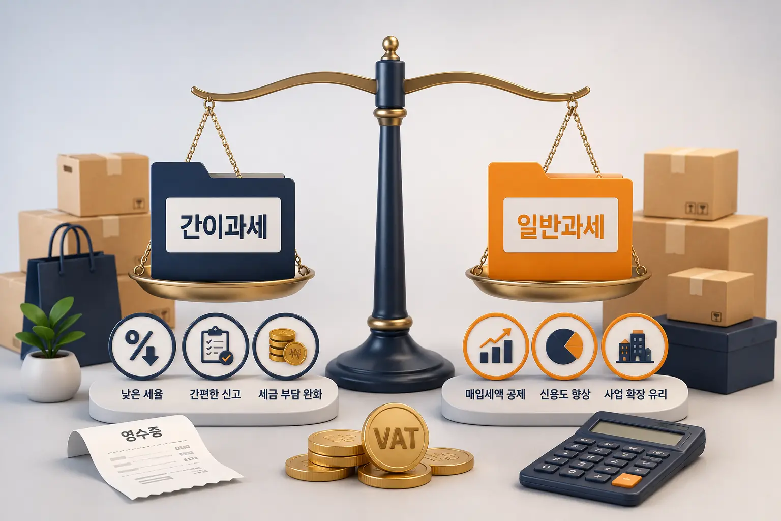 간이과세와 일반과세를 저울로 비교한 3D 이미지
