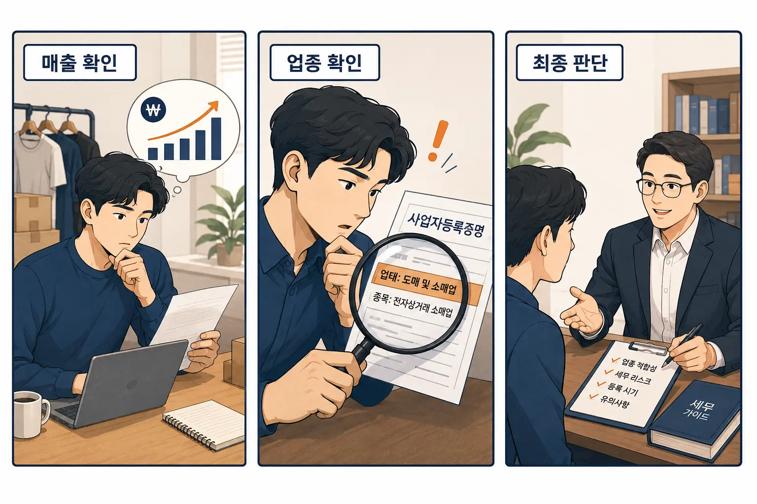 매출과 업종을 차례로 확인하는 온라인 판매자 만화