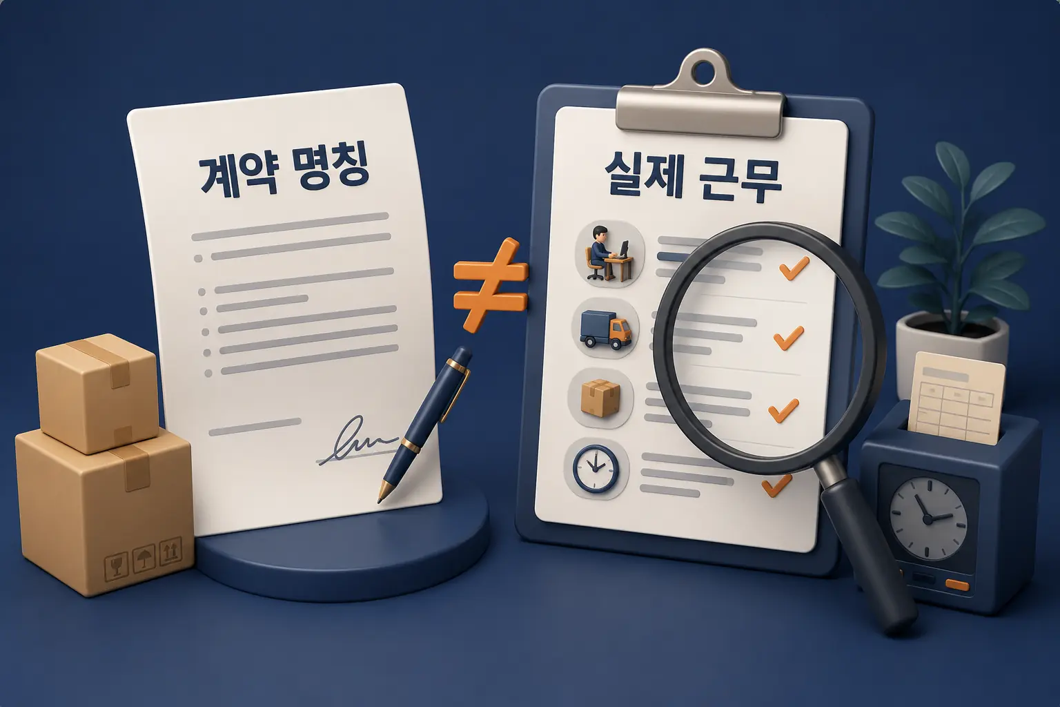 계약 명칭과 실제 근무가 다를 수 있음을 보여주는 3D 이미지