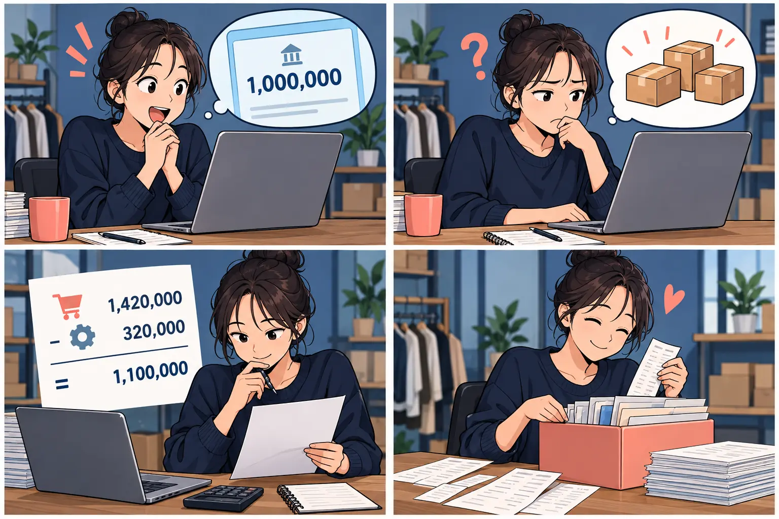 정산액을 매출로 오해했다가 증빙을 정리하는 네 컷 만화
