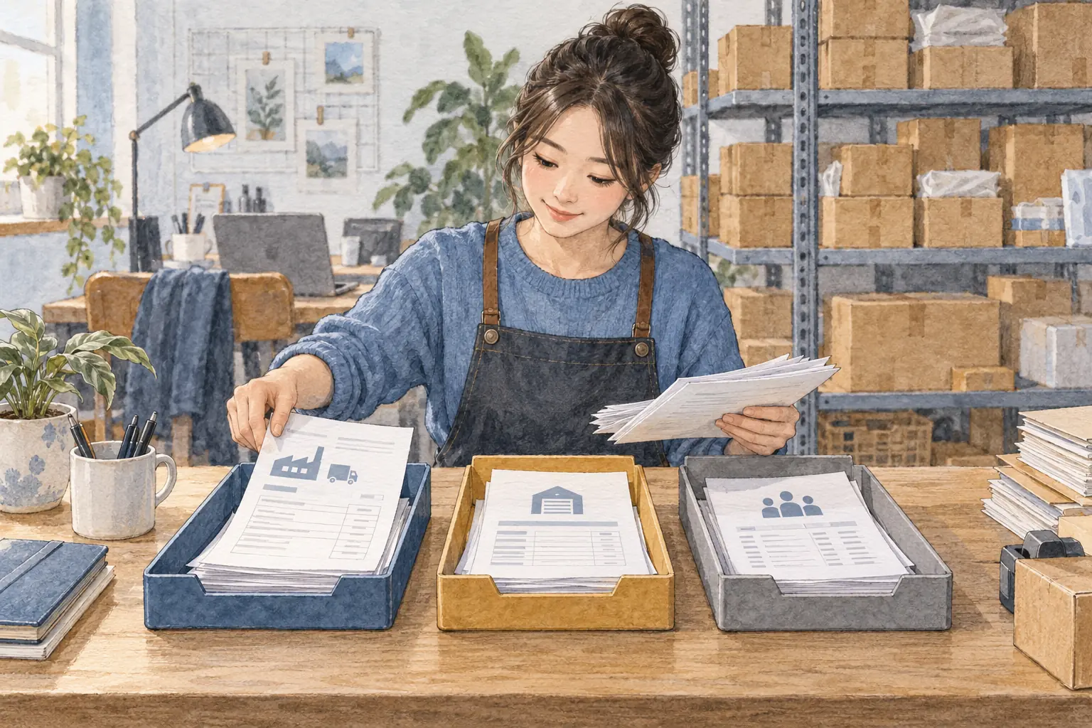 매입비·임차료·인건비 자료를 세 상자로 분류하는 수채 스케치