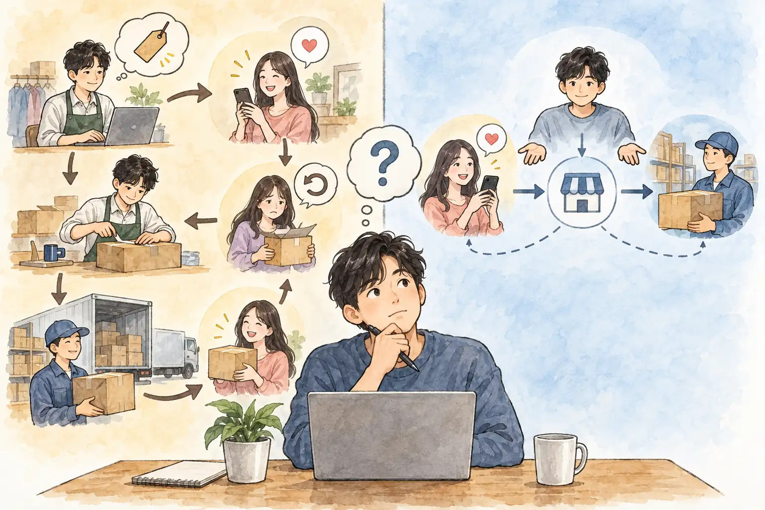 위탁판매자와 단순 중개자의 책임 구조를 비교한 스케치